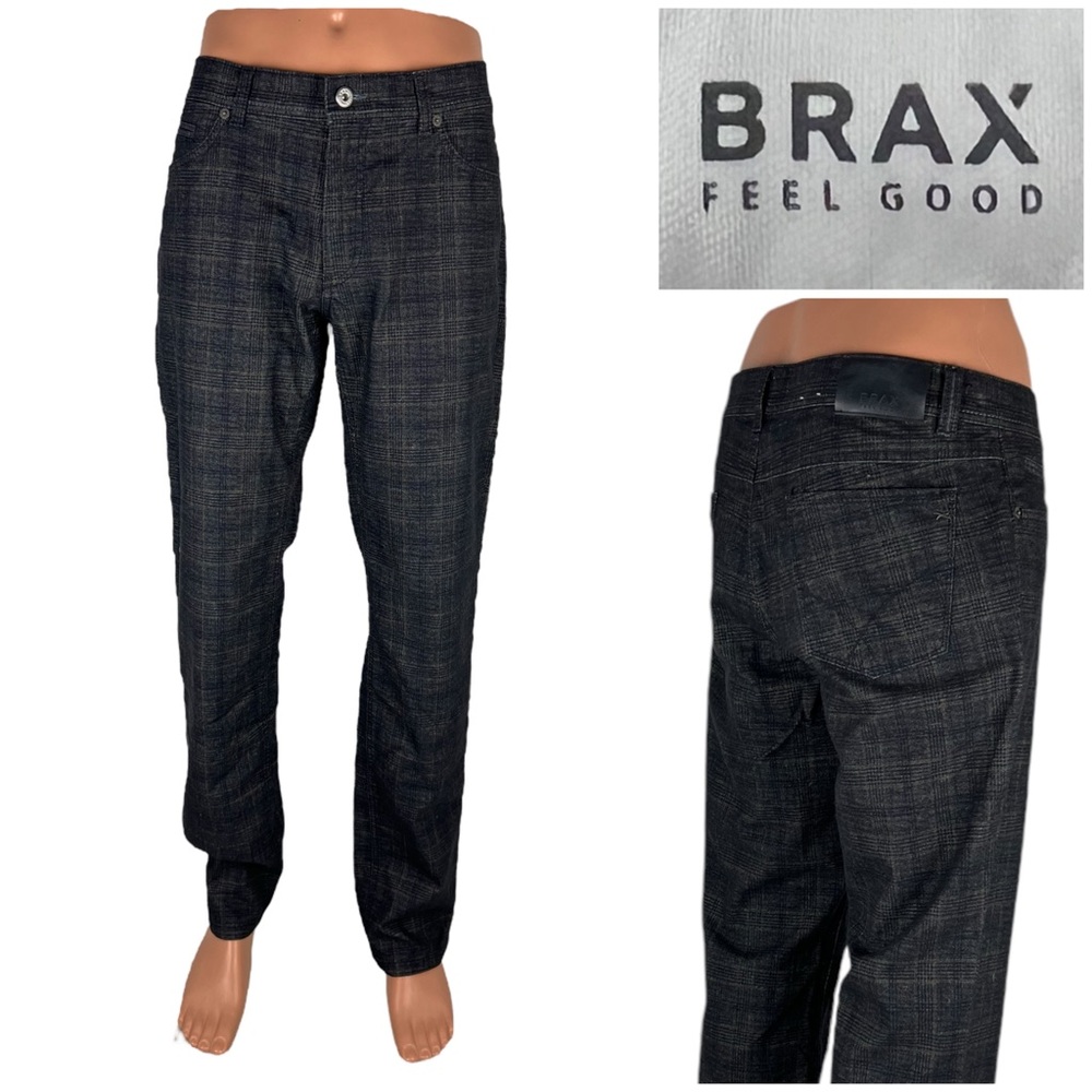 BRAX Feel Good Cooper Fancy Mens Pants 34 x 34 Gray Brown 5 Pocket Plaid EUC